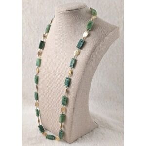 Vintage Carved Green Stone Necklace – Gold Tone Filigree Links – 29"‎